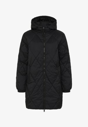 Abrigo largo acolchado negro con capucha, que cuenta con un cierre frontal completo y bolsillos laterales, fabricado en un material suave y ligero.