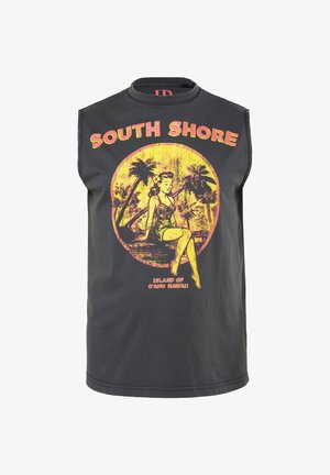 Schwarzes ärmelloses Shirt mit Vintage-Grafik einer Frau, die neben Palmen sitzt, mit dem Text "South Shore" und "Insel Oahu Hawaii."