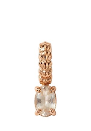 Rose gold earring with a textured band and a large oval clear gemstone held by four prongs.