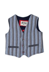 Gilet a strisce blu e grigie con scollo a V, tre bottoni con dettagli rossi e due tasche frontali. Tessuto in misto cotone.