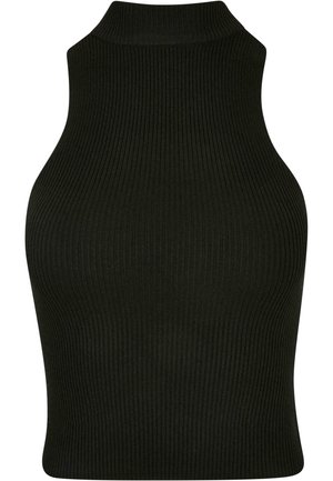 Haut sans manches noir à côtes avec un col montant, présentant un design ajusté et un tissu texturé.