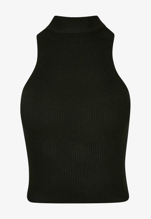 Mustard ribaedita ilma käistega top kõrge kaelusega, millel on kehaüliõrn disain ja tekstureeritud kangas.