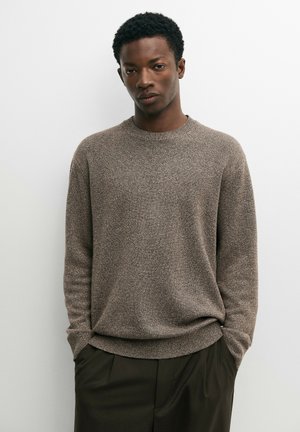 Ung mand med kort krøllet hår iført en brun tekstureret sweater og mørke bukser, stående mod en ensartet lys baggrund.