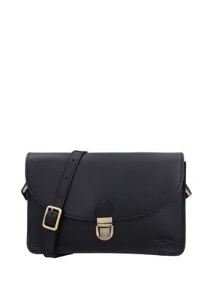 Schwarze Leder-Crossbody-Tasche mit verstellbarem Riemen und goldfarbenem Metallverschluss an der vorderen Klappe.