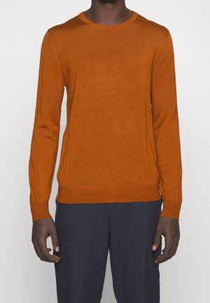 Mann trägt einen eng anliegenden, langärmligen Pullover in verbranntem Orange mit Rundhalsausschnitt und dunkelblaue Hose vor einem schlichten, hellen Hintergrund.