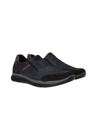 Marineblauwe en zwarte leren instapschoenen met textuuraccenten, elastische zijkanten, contrasterende stiksels en rubberen zolen.