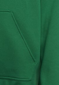 Sudadera verde con capucha y bolsillo tipo canguro. Confeccionada con tela suave, presenta una textura lisa y detalles cosidos. Diseño sencillo sin estampados.