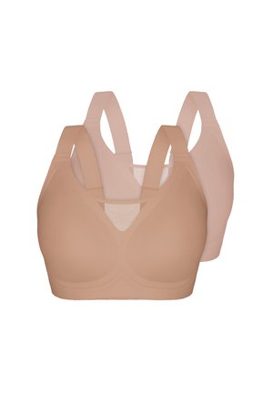 Zwei nahtlose BHs in Beige und Hellrosa mit breiten Trägern und einem V-förmigen Mesh-Detail in der vorderen Mitte.