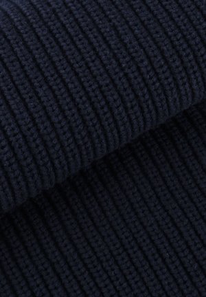 Tessuto a maglia blu navy con una texture a coste, caratterizzato da strisce verticali e una finitura morbida e leggermente pelosa. Adatto per vari capi di abbigliamento.