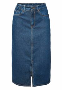 Jupe en jean bleu longueur genou avec une fente à l'avant, des passants de ceinture, une fermeture à boutons et des détails de couture visibles.