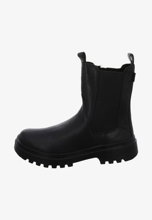 Schwarze Leder-Ankle-Boots mit elastischen Seitenpanele, einer robusten profilierte Sohle und einer Schlaufe an der Rückseite für ein einfaches Anziehen.