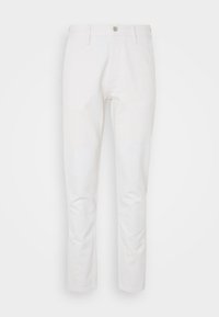 Vita bomullsbukser med rak bendesign, med knappstängning och standardfickor. Slät textur, mångsidig för olika outfits.