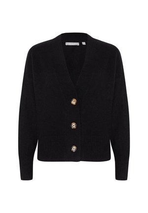 Cardigan nero con scollo a V, maniche lunghe e quattro grandi bottoni rotondi di colore contrastante. Orlo e polsini a costine texturizzati.