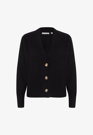 Black cardigan featuring a V-neck, long sleeves, and four large, round buttons in a contrasting color. Textured ribbed hem and cuffs.