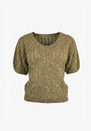 Gebreide trui met korte mouwen in olijfgroen, voorzien van een gestructureerd patroon en een afgeronde halslijn.