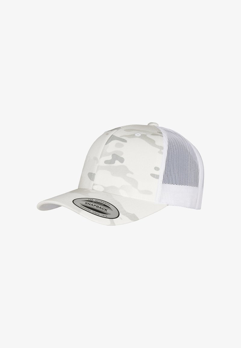 White snapback cap with light gray camouflage pattern, solid front panel, mesh back, and a curved brim. Features a logo on the underside of the brim.