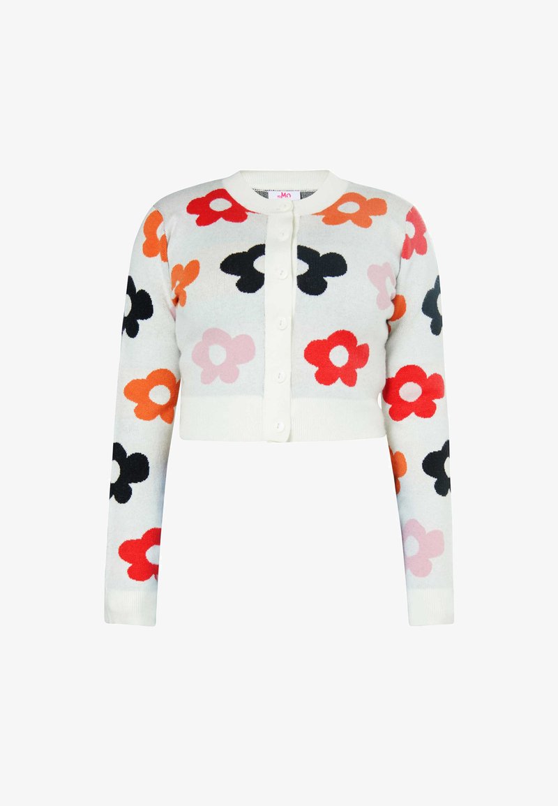 Apkarpytas kardiganas kreminės spalvos su sagų uždarymu. Yra spalvingi gėlių raštai raudonos, oranžinės, rožinės, juodos ir ličio spalvomis. Lengvas, megztas audinys.