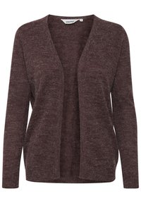 Cardigan bordeaux foncé en tissu texturé, avec une ouverture à l'avant, des manches longues et une coupe décontractée. Sans fermetures ni motifs.