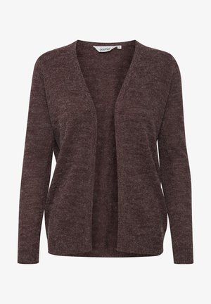 Dunkelburgunderfarbener Cardigan aus strukturiertem Stoff, mit offener Vorderseite, langen Ärmeln und lässiger Passform. Keine Verschlüsse oder Muster.