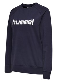 Marineblauwe longsleeve sweatshirt met ronde hals, witte "hummel"-logo over de borst, geribde manchetten en zoom.