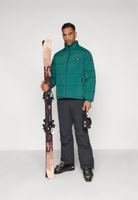 Προστατευτικό πράσινο σακάκι σκι, μαύρο παντελόνι σκι, κρατώντας ροζ και μαύρα σκι με σφιγκτήρες. Μονοχρωμία, λεία υφή, λειτουργικός σχεδιασμός.