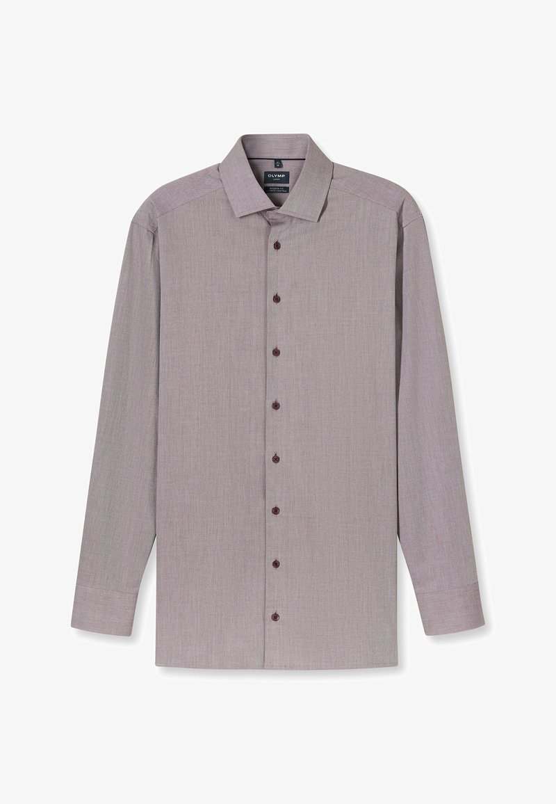 Langärmliges Hemd zum Knöpfen in hellem Lavendel mit strukturiertem Muster. Mit spitzem Kragen und braunen Knöpfen an der Vorderseite versehen.