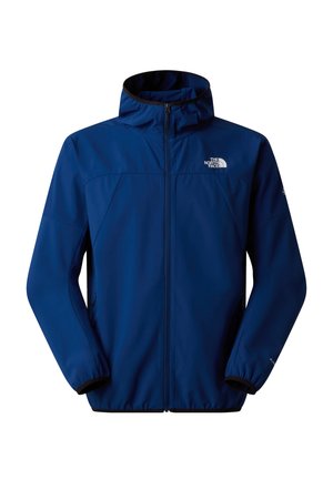 Blå, letvægts, langærmet jakke med høj krave, frontlynlås og elastiske manchetter. Har logo-accenter og glat tekstur.