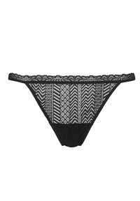 Zwarte kanten string met ingewikkelde geometrische patronen, geschulpte randen en een zachte mesh stof. Heeft een effen zwarte achterzijde.
