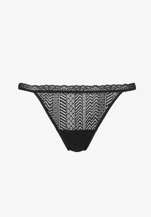 Black lace thong with intricate geometric patterns, scalloped edges, and a soft mesh fabric. Features a solid black back panel.