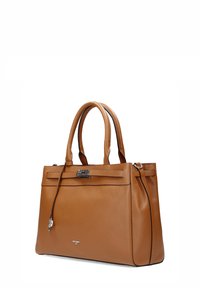 Brown leather handbag with smooth texture, structured design, two handles, and a silver clasp detail at the front.