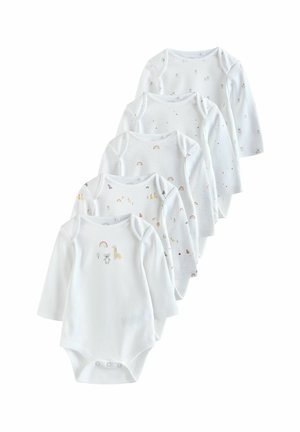 Vijf lange mouw baby rompers in witte stof, met verschillende subtiele prints waaronder dieren en regenbogen, met drukknoopsluitingen aan de onderkant.