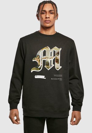 Sort sweatshirt med et stort grafisk tryk af "M" fyldt med kunstværk, parret med hvid tekst nedenfor. Klassisk crewneck design.