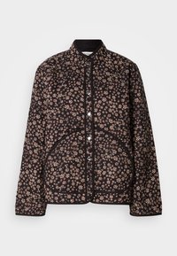 Black quilted jacket with small pink floral pattern, snap buttons down front, rounded front pockets, and a stand collar.