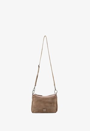 Brown leather crossbody bag with a textured striped design, zip closure, adjustable strap, and silver-tone hardware accents.