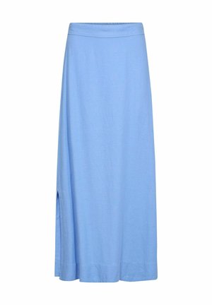 Jasnoniebieska, sięgająca kostek spódnica z miękkiego materiału, charakteryzująca się prostym krojem i bocznym rozcięciem dla wygody ruchu. Prosty fason pasa.