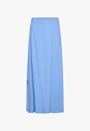 Lichtblauwe, enkellange rok gemaakt van zachte stof, met een rechte snit en een zijsplit voor extra bewegingsvrijheid. Eenvoudig ontwerp van de tailleband.