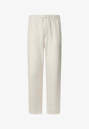 Beige, locker sitzende Hose mit Gummibund und verstellbarem Kordelzug. Hergestellt aus weichem Material, mit geraden Beinen und ohne sichtbare Taschen.