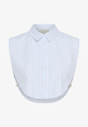 Cropped top a maniche corte con colletto, in righe blu chiaretto e bianche, con chiusura a bottone e orlo curvo con lacci laterali.