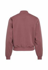 Mauve Langarm-Bomberjacke mit geripptem Kragen, Bündchen und Saum, von hinten auf einem weißen Hintergrund angezeigt.