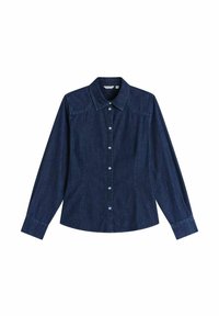 Mörk denimskjorta med krage, långa ärmar, knäppt fram och sydda detaljer längs axlarna och manschetterna.