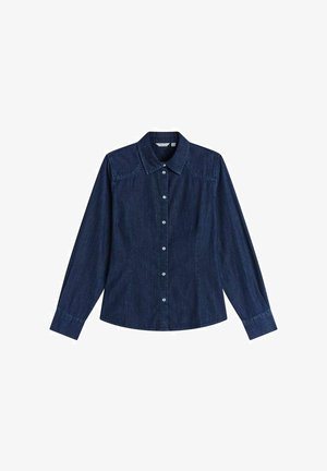 Mörk denimskjorta med krage, långa ärmar, knäppt fram och sydda detaljer längs axlarna och manschetterna.