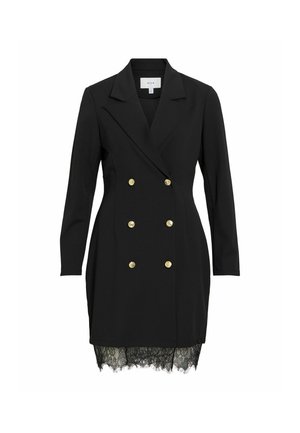 Schwarzes, doppelt geknöpftes Blazer-Kleid mit goldenen Knöpfen, langen Ärmeln, Revers mit Einkerbung und Spitzenbesatz am Saum.