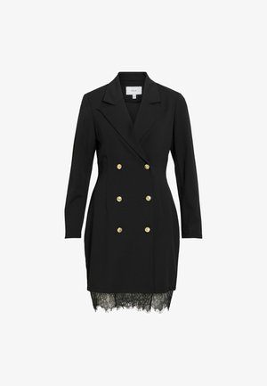 Fekete, dupla soros blézer-ruha arany gombokkal, hosszú ujjakkal, jellegzetes hajtókával és csipkés szegéllyel az alján.