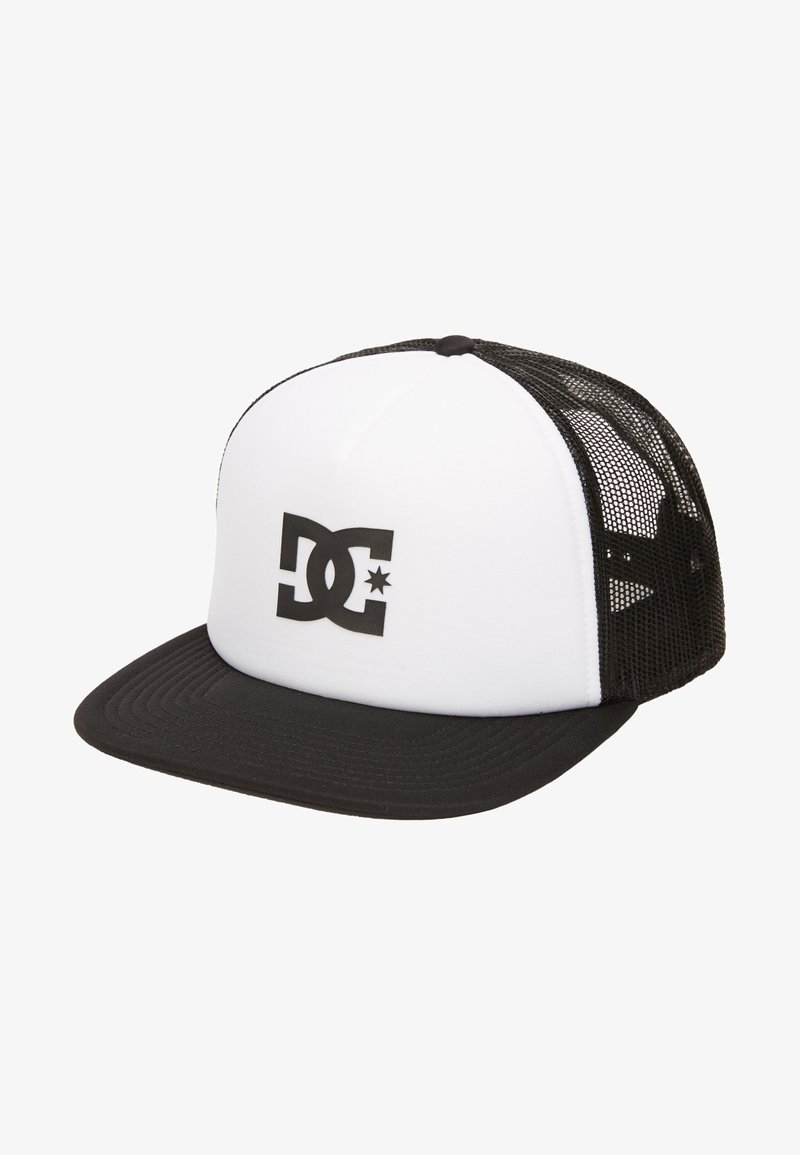 Black and white trucker cap with a solid front panel, mesh back, straight brim, and a prominent black DC logo on the front.