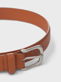 Tan leather belt with a smooth texture, featuring a silver metal buckle and stitched detailing. Adjustable with multiple holes for fit.