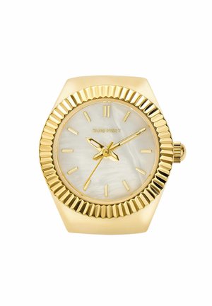 Goldfarbene Uhr mit einem achteckigen Gehäuse, einer strukturierten Lünette und einem Zifferblatt aus Perlmutt. Verfügt über goldfarbene Stundenmarkierungen und Zeiger.