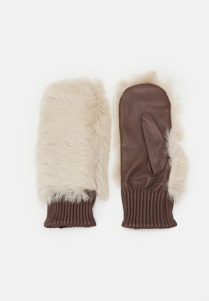 Brown leather mittens with soft beige fur trim and ribbed cuffs. Feature a single thumb opening for ease of wear.