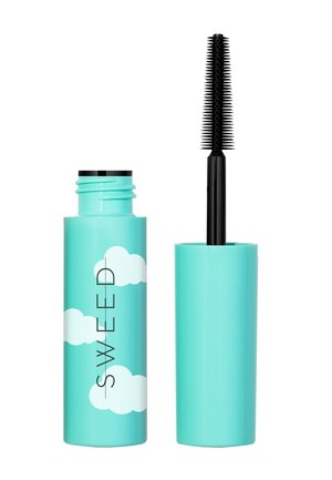 Turquoise mascara tube with black brush applicator, decorated with white cloud graphics and "SWEED" text on the tube.
