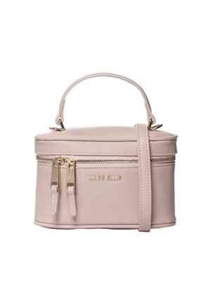 Kleine rechteckige hellrosa Handtasche mit Tragegriff oben, zwei goldenen Reißverschlüssen, abnehmbarem Schulterriemen und goldenem "Marc Ellis" Logo.