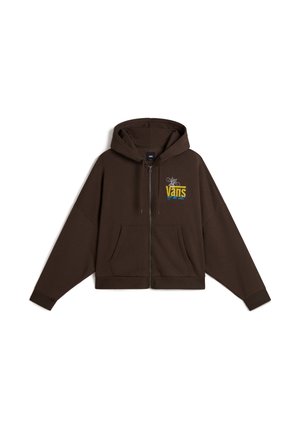 Brązowa bluza z kapturem na suwak, z przednimi kieszeniami oraz małym żółto-niebieskim logo Vans z kwiatowym motywem na lewej piersi.